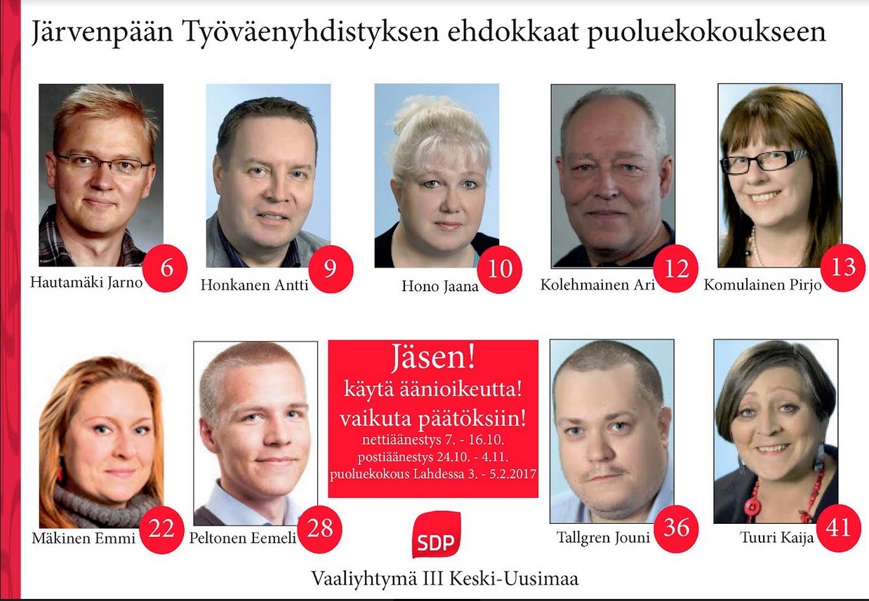 SDP:n 45. puoluekokous – puoluekokousedustajien jäsenvaali käynnistyy 7.10.2016