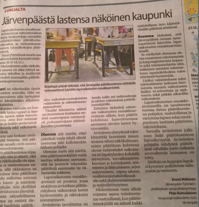 Järvenpäästä lastensa näköinen kaupunki – Mielipidekirjoitus K-U 27.12.2016
