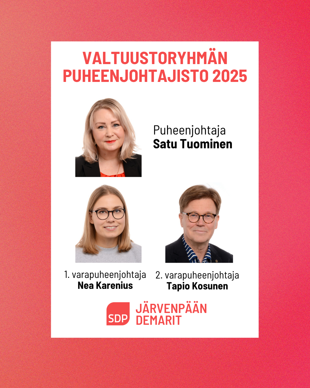 Järvenpään SDP:n valtuustoryhmä valitsi puheenjohtajiston vuodelle 2025